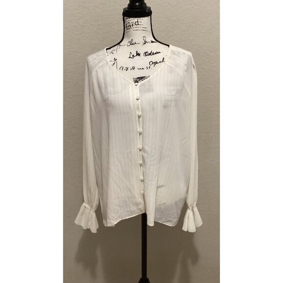 Rose + Olive White Long Sleeve Button-Front Blouse W/ Ruffle Cuffs & Pinstripe - Picture 2 of 5